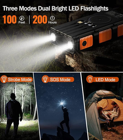 GOODaaa Power Bank Wireless Charger 45800mAh Built in Hand Crank and 4 Cables 15W Fast Charging Power Bank 7 Outputs & 4 Inputs Solar Portable Charger, SOS/Strobe/Strong Flashlights, Compass