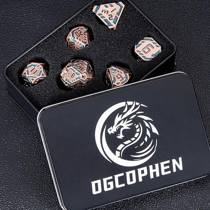 Metal DND Sci-fi Dice Set 7PCS Stripe Polyhedral Dice for Dungeons Dragons RPG Role Playing Game, Glitter D and D Dice with Gift Box D6 D8 D10 D12 D20 (Ancient Bronze&Green Purple)