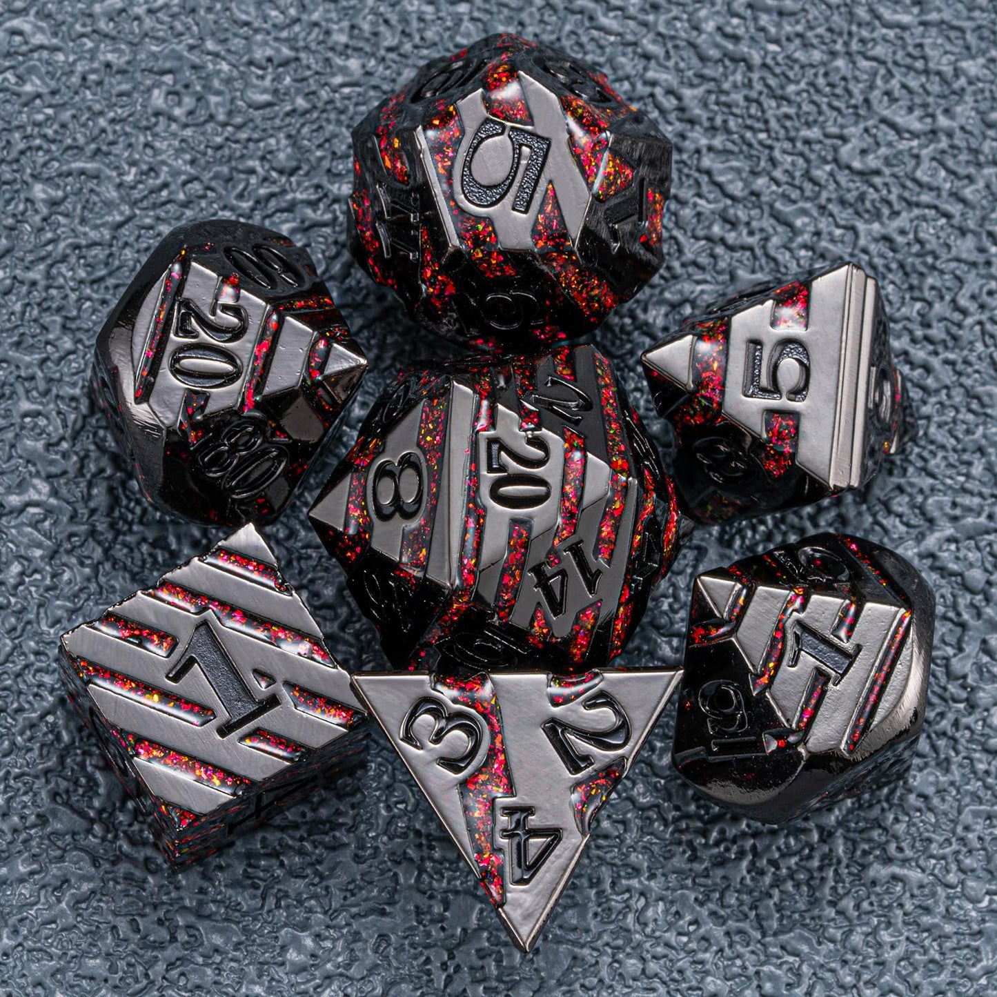 Maywin Decorative Inlay Metal Dice Set 7pcs, Heavy Metal RPG Dice for DND Players and Collectors