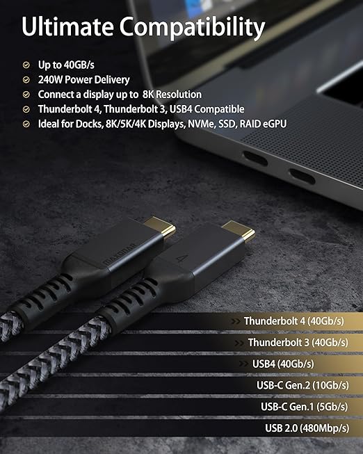 Maxonar [6Ft] Thunderbolt 4 Cable, Support 40Gbps Data Sync/240W Charging and 8K/5K@60Hz for Thunderbolt 4/3, USB4, and USB-C Devices