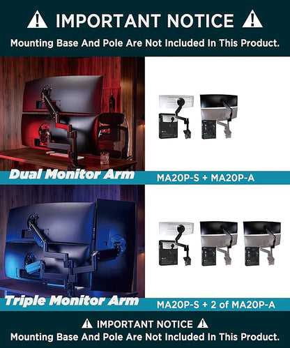 Heavy Duty Extension Arm [Accessory Only - Requires MA20P-S Single Monitor Arm for Use] Dual 49" Vertical Stacked Monitor Mount Height Adjustable - 100x100 VESA Mount, Black, MA20P-A