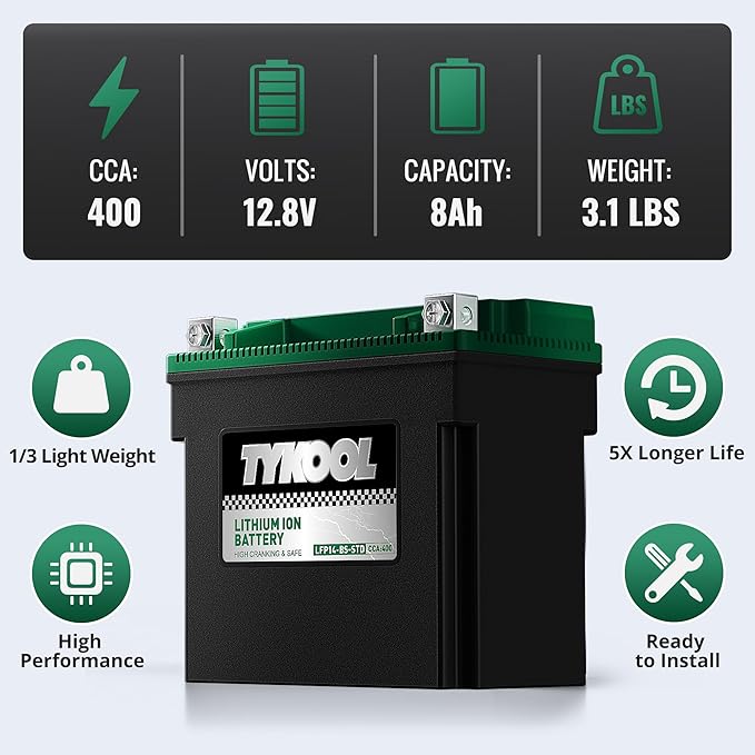 TYKOOL YTX14-BS-STD 400 CCA,Lithium LiFePO4 12v Motorcycle Battery,ATV Battery,2X Cranking Amps,Digital Readout for SOC,Comptitable for ATV,Piaggio Scooter,Honda UTV,Yamaha Snowmobile