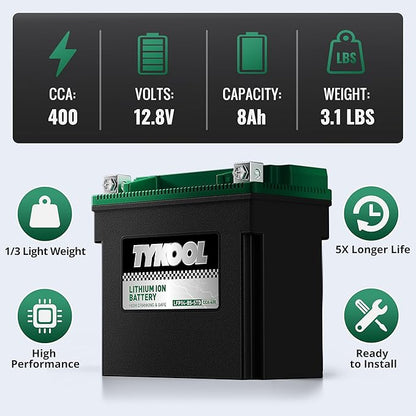 TYKOOL YTX14-BS-STD 400 CCA,Lithium LiFePO4 12v Motorcycle Battery,ATV Battery,2X Cranking Amps,Digital Readout for SOC,Comptitable for ATV,Piaggio Scooter,Honda UTV,Yamaha Snowmobile