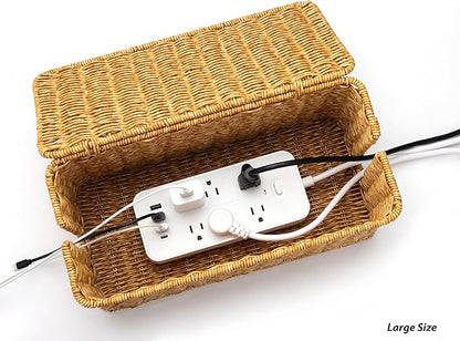 Large Cable Management Box, Handwoven Imitation Rattan Cord Organizer Cord Hider Box, Desk Cord Management Box to Hide Cords and Power Strips, 13.5" L x 6.2" W x 6" H, Natural