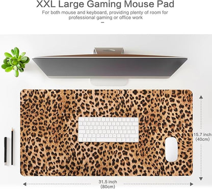 Lokigo Leopard Print Desk Pad, Brown Large Gaming Mouse Pad, Waterproof Rubber Base Mousepad for Desk with Stitched Edges DeskMatt for Laptop Gaming Office Work Study, 31.5"x15.7", Cheetah