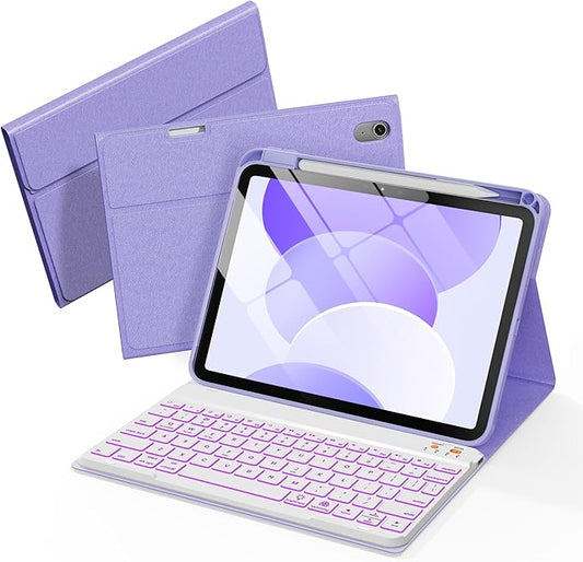 Senyoson for iPad A16 Case with Keyboard - 7 Color Backlit Magnetic Wireless Detachable Folio Keyboard Cover with Pencil Holder for iPad 11th 10th Generation, Purple