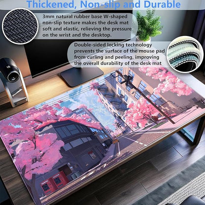 Japanese Cherry Blossom Mouse Pad, Pink Cute Desk Mat Extended XL Large Full Desk Gaming Mousepad 31.5''X15.7'' Computer Laptop Desk Pad Keyboard and Mouse Mat for Office Desktop Decoration