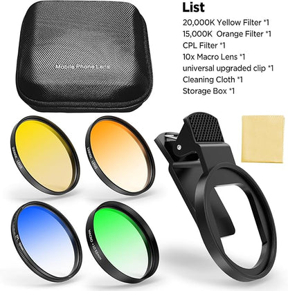 52MM Coral Reef and Reef Tank Filter Kit for Phone, CPL Polarizing+20,000k Yellow+15,000k Orange+10x Macro, Clip, Saltwater Aquarium Lens Compatible with iPhone16 15 Pro Max Samsung Moto Google TCL