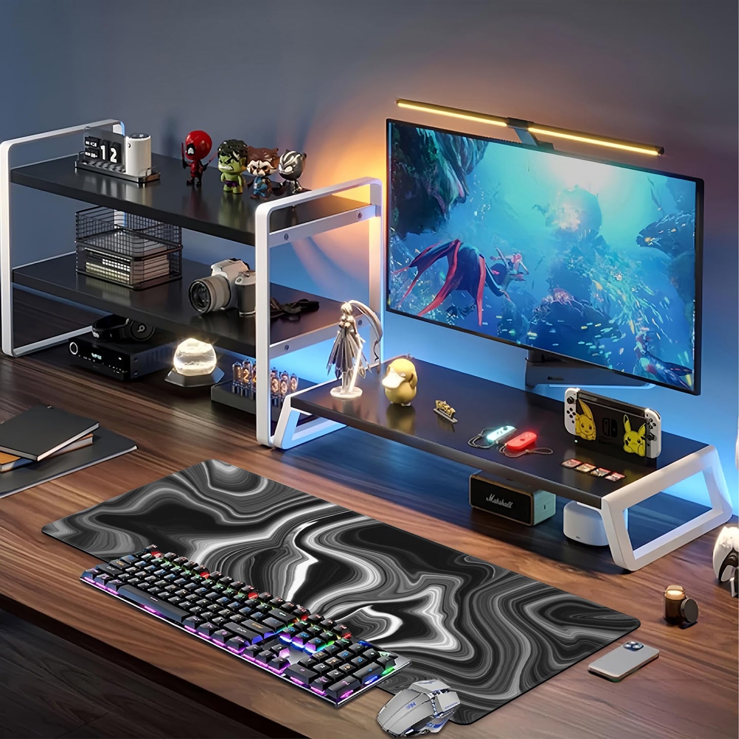 Black and White Marble Desk Mat,Large Marble Ink Texture Gaming Keyboard Mouse Pad,Non-Slip Rubber Base Desk Pad Thick Stitched Edges Waterproof Mousepad Mouse Mat 31.5"x11.8"