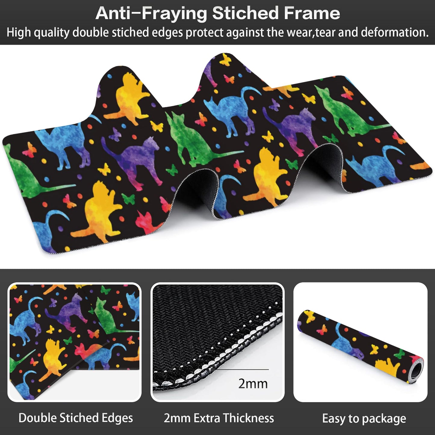 Colorful Cats and Butterflies Desk Mat,Large Watercolor Kittens Butterfly Gaming Keyboard Mouse Pad,Non-Slip Rubber Base Desk Pad Thick Stitched Edges Waterproof Mousepad Mouse Mat 31.5"x11.8"