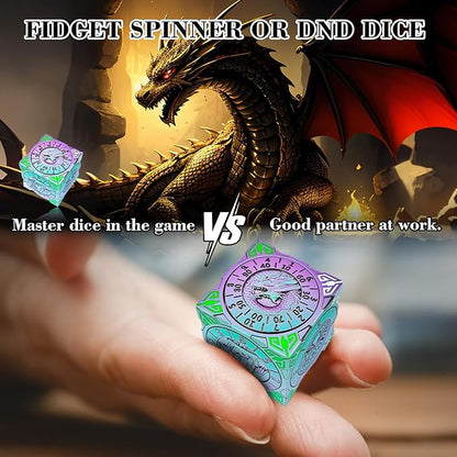 Spinner Dice 7-in-1 Metal DND Set – Premium Copper RPG Dice with 3D Monster Reliefs, Gyro Spinner & Collector’s Box for D&D,Chameleon Purple