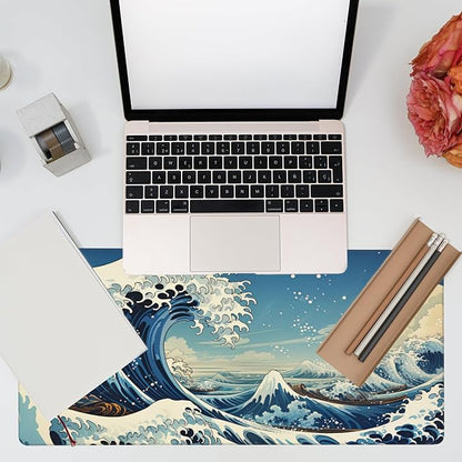 Desk Mat,Blue Japanese Sea Wave Desk Pad,Japanese Sea Wave Large Gaming Mouse Pad for Desk,Extended Big Computer Keyboard Mouse Pad with Non-Slip Base and Stitched Edge,35.4"x15.7"