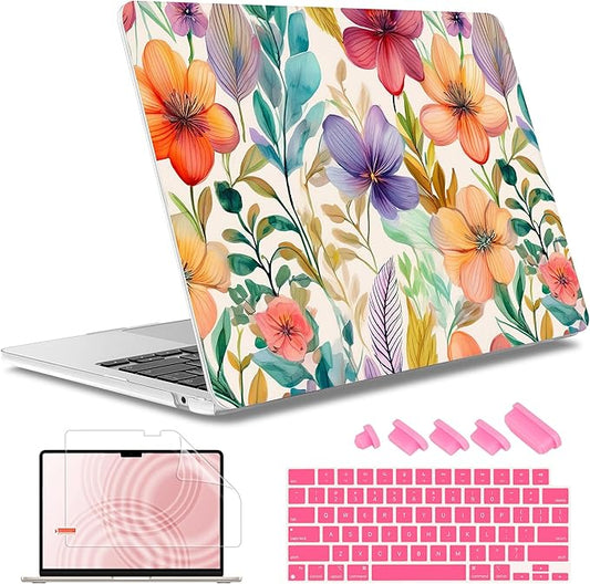 May Chen for MacBook Air 13.6 inch Case A3240 M4 A3113 M3 A2681 M2 with Retina Dispaly, 2025 2024 2023 2022 Release, Plastic Hard Shell Case with Screen Protector & Keyboard Cover, Flowers Watercolor