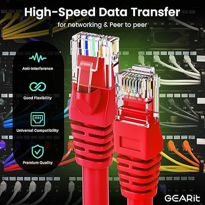 GearIT Cat 6 Ethernet Cable (24-Pack 3 Feet) Cat6 Network Patch, 10Gbps, RJ45, Snagless Cord, Gold-Plated Connectors, Internet for PC, TV, Tablet, Router, Printer, Servers, IT Data Center - Red