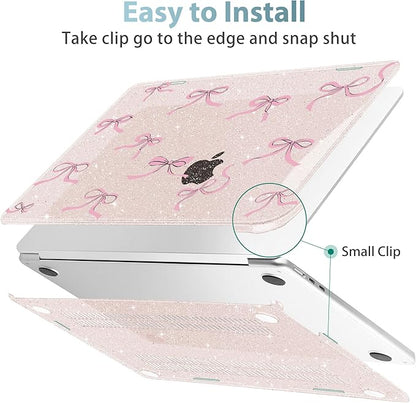 May Chen for MacBook Air 13.6 inch Case A3240 M4 A3113 M3 A2681 M2 with Retina Dispaly, 2025 2024 2023 2022 Release, Plastic Hard Shell Case with Keyboard Cover, Sakura Pink Glitter Bow