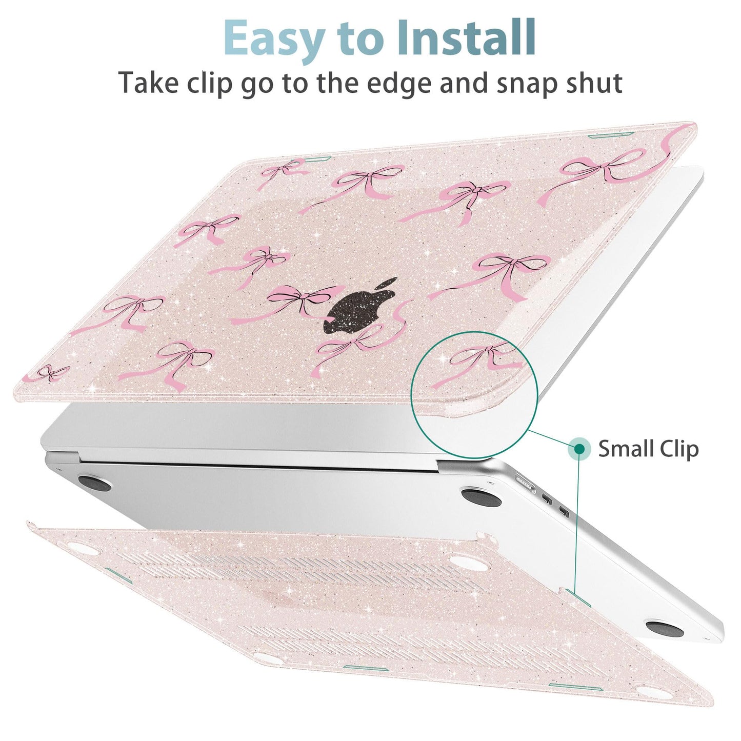 May Chen Case for MacBook Air 13/13.6 inch M5 A3449 M4 A3240 M3 A3113 M2 A2681, 2026 2025 2024-2022, Plastic Hard Shell with Keyboard Cover & Screec Protector, Sakura Pink Glitter Bow