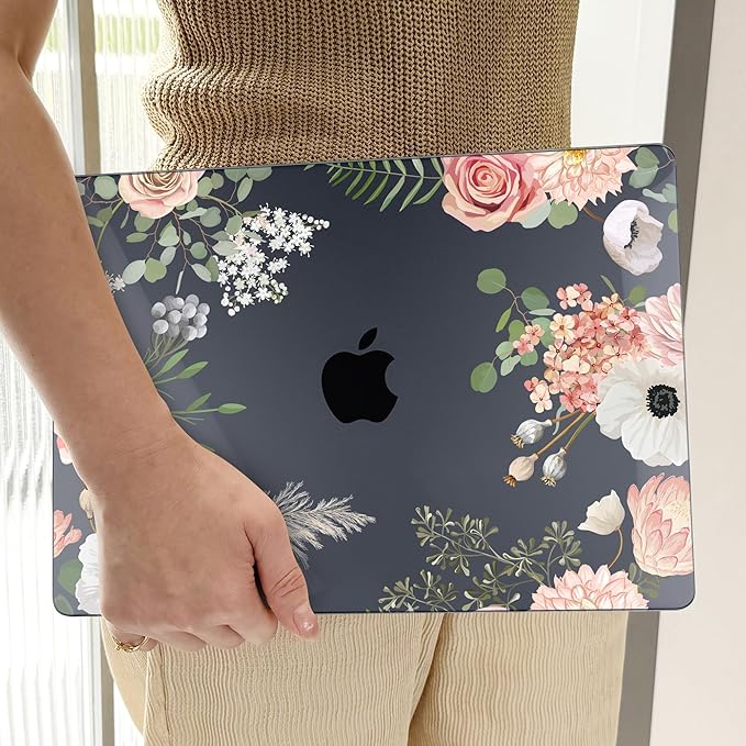 TWOLSKOO Compatible with M4 MacBook Air 15 inch Case 2025-2023 Released Model M4 A3241 M3 A3114 M2 A2941, Plastic Hard Shell & Screen Protector & Keyboard Cover & Type C Adapter, Rose Flower