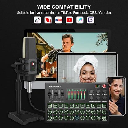 RHM Podcast Equipment Bundle, All-in-One Audio Interface DJ Mixer with Microphone, Stand, Monitor Earphone, Audio Mixer With Sound card for PC/Laptop/Phone, Streaming/Podcasting/Gaming (M9 Set)