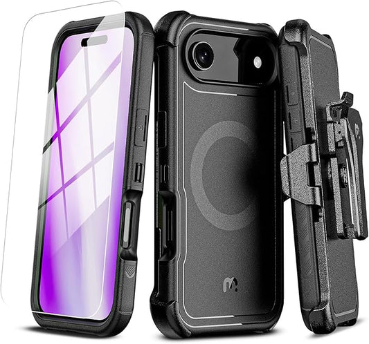 M MYBAT PRO for iPhone Air Case with Belt Clip Holster, [Compatible with Magsafe] w/Screen Protector, Anti-Drop, Shockproof, w 360°Rotating Kickstand,Heavy Duty Protection (Black)