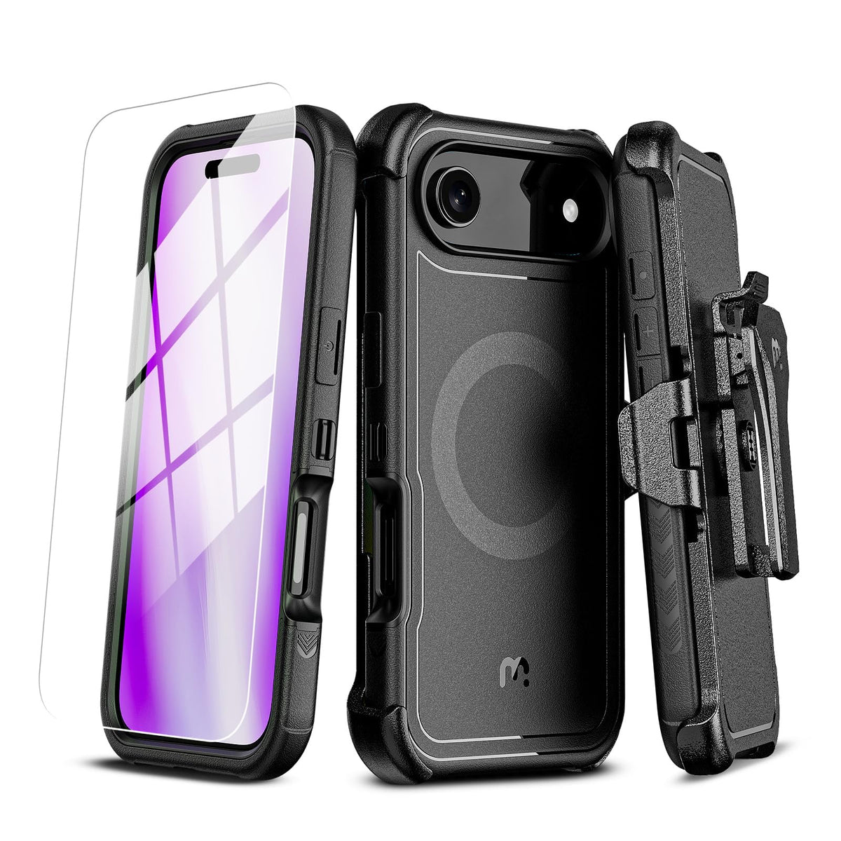 M MYBAT PRO for iPhone Air Case with Belt Clip Holster,[Compatible with Magsafe] w/Screen Protector,Anti-Drop,Shockproof,w 360°Rotating Kickstand,Heavy Duty Protection (Blue) (Black)