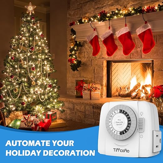 TiFFCOFiO Indoor Mechanical Light Timer, 3 Prong Plug in Outlet Timer, 2 Grounded Outlets for Indoor Lightings, ETL Listed