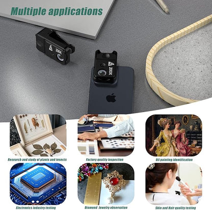 Phone Microscope 200X Pocket Magnifier Camera with CPL Lens/Lights, Zoom Universal Portable Phone Microscope with Clip for 99% Phone, Perfect for Coin/Stamp/Plant Inspection