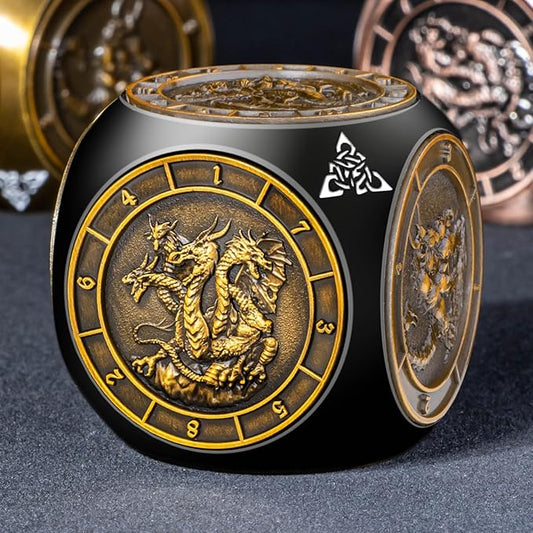 7 in 1 D6 Spinner DND Dice Set D&D, Metal Cube D and D Dice with Gift Box, Dungeons Dragons Role Playing Dice, Black Gold