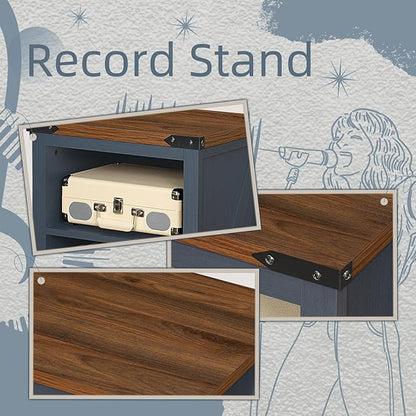 Record Player Stand with Vinyl Record Storage Holds up to 160 Albums,Large Wood Record Player Table Dispaly Shelf，Blue Turntable Stand Cabinet for Living Room,Bedroom,Office 9