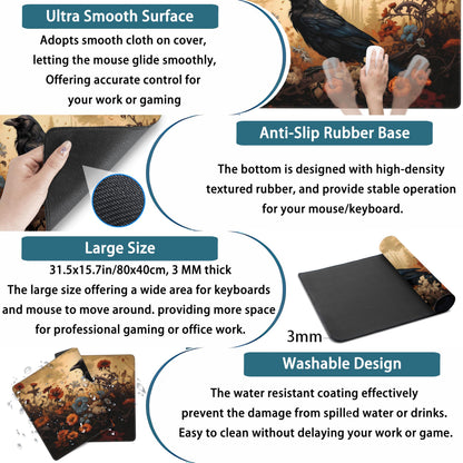 Anime Crow Kawaii Desk Mat Cute Retro Floral Mouse Pad Gaming Desk Pad XXL Large Desk Matt for Desktop Computer Mousepad, Laptop Keyboard Mouse Mat Office Decor Accessories for Women, 31.5x15.75 in