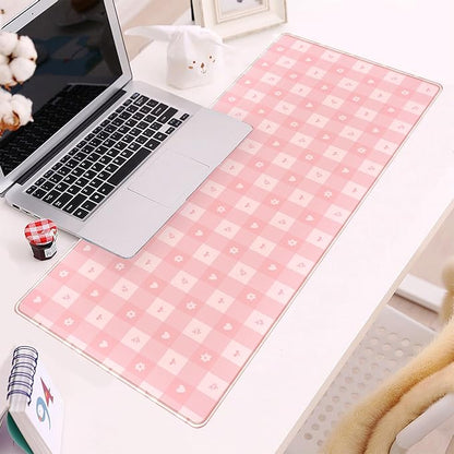Pink Minimalist Gingham Floral Desk Mat Gaming Mouse Pad Large Cute Pastel Desk Pad Deskmat Kawaii, Women Office Desk Cover Mat, Laptop Computer Keyboard Mat Mousepad Desk Accessories 31.5"x11.8"