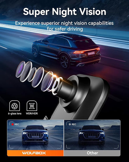 WOLFBOX 12" 4K Rear View Mirror Camera with 5.8GHz WiFi and Voice Control, Smart Mirror Dash Cam Front and Rear, Backup Camera with 1080P Rear Camera, Dash Cam with WDR, Includes 64GB Card & GPS