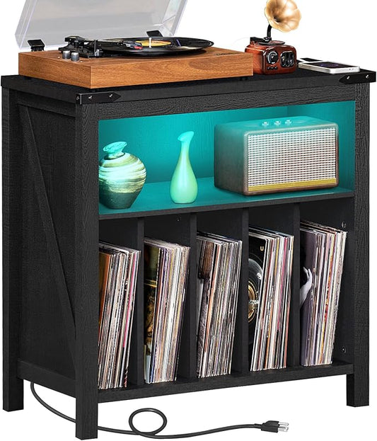 Joaxswe Large Record Player Stand with Charging Station & LED Lights, Vinyl Records Storage Holder Cabinet Holds up to 230 Albums, Turntable Stand for Music Room, Bedroom, Living Room, Office (Black)