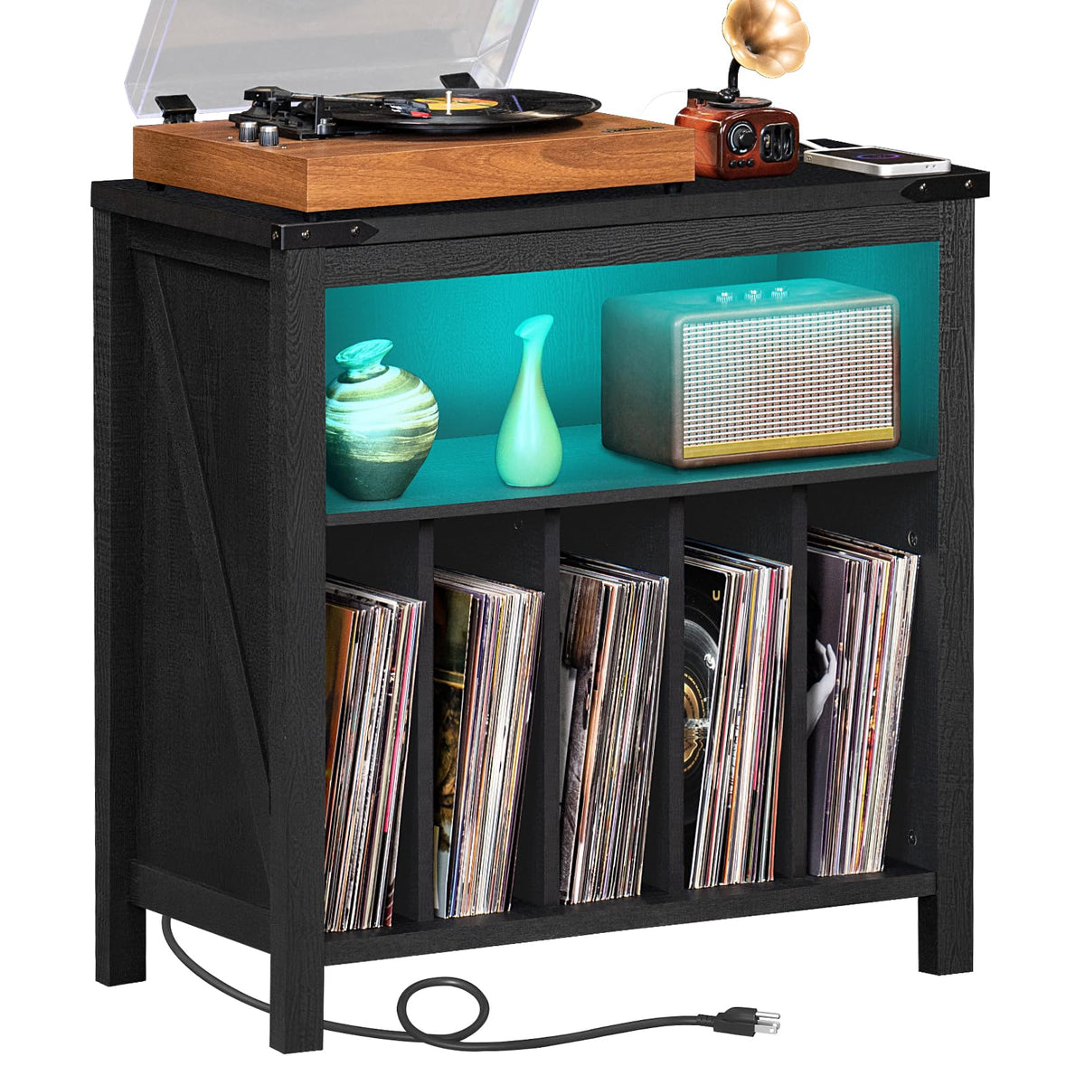 Joaxswe Large Record Player Stand with Charging Station & LED Lights, Vinyl Records Storage Holder Cabinet Holds up to 230 Albums, Turntable Stand for Music Room, Bedroom, Living Room, Office (White)