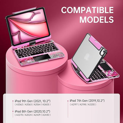 GUSGU Transparent Case with Wireless Keyboard for iPad 10.2-in (7th, 8th, and 9th Gen), 7 Colors Backlight, Trackpad, 360°Rotating Stand, Tech Style