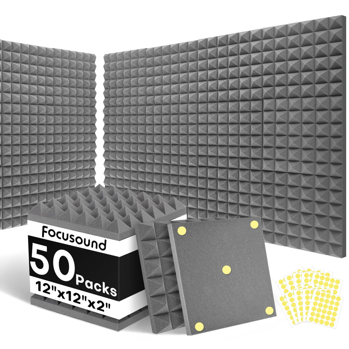 Focusound White Acoustic Panels 24 Pack 2"x12"x12" with 120 PCS Double-Side Adhesive - Sound Proof Pyramid Foam for Walls, Home Studio Noise Absorption & Echo Control Kit