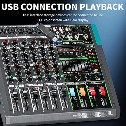 Depusheng MX6 6 Channel Sound Mixer Audio Mixing Console 48V 256DSP Professional USB PC Play Record Podcast Live Broadcast (US MX6)