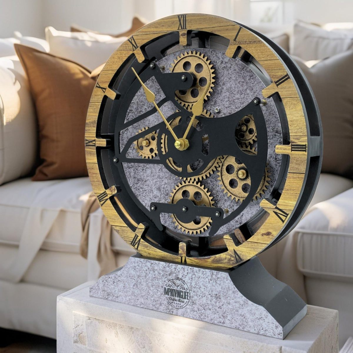 ImprovingLife The Gears Clock Desk Clock 10 inches with Real Moving Gears Convertible into Wall Clock (Silver Glamour)