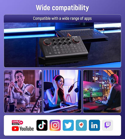 Synido Podcast Equipment Sound Card, Audio Interface Mixer with Pro-preamp, 48V Phantom, 9 Customize Sound Pads, XLR, 1/4", 1/8" Inputs for Live Streaming/Music Recording/Gaming/PC/Guitar, Black
