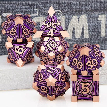 7PCS Metal DND Dice Set with Box, Debris RPG Purple D and D Dice for use with D&D Tabletop Games Role Playing Game Polyhedral Dice Set D20 D12 D10 D8 D6 D4