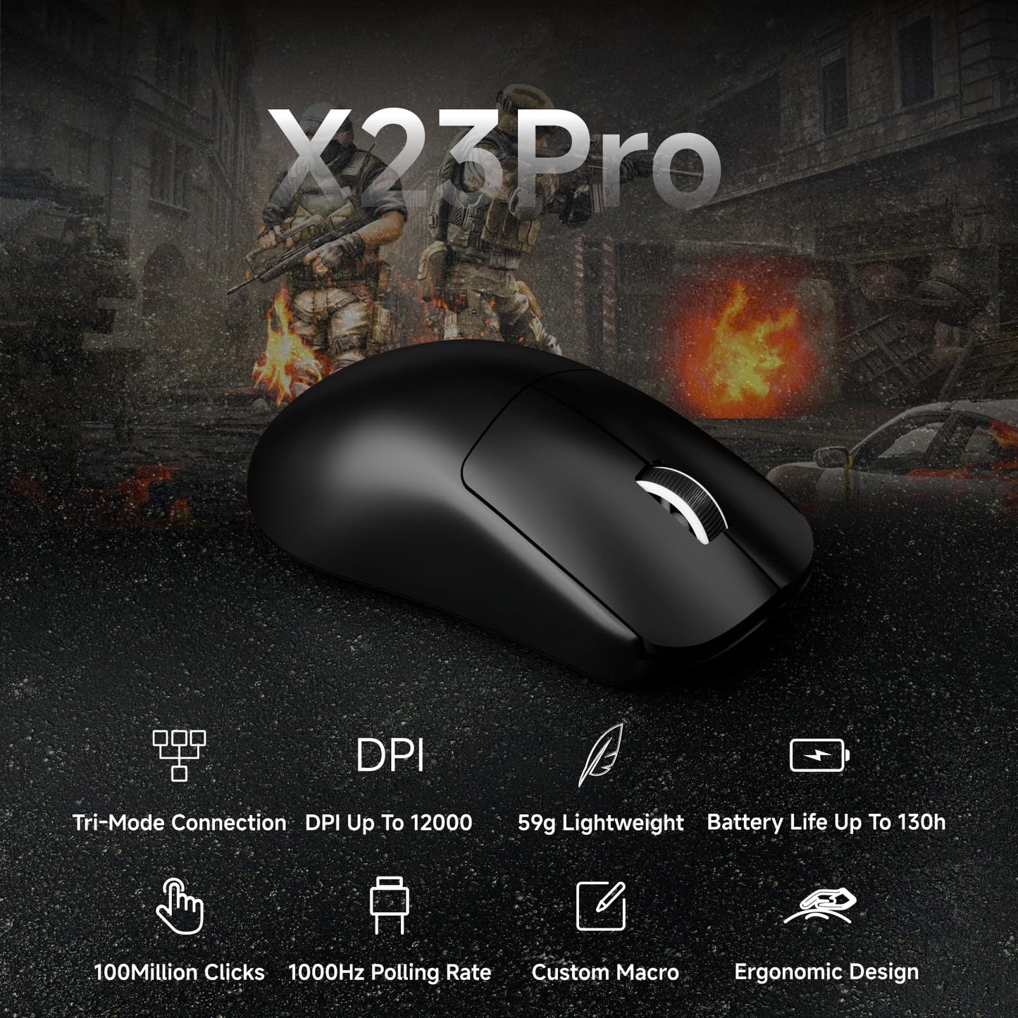 SEUNKWANG EWEAND X23 Pro Gaming Mouse, Tri-Mode 2.4G/USB-C/Bluetooth Wireless Mouse, PAW3311 Sensor, 12,000 DPI, 59g Lightweight, 1ms Ultra-Low Delay, Gaming & Computer Mouse for Laptop/PC/Mac-Black