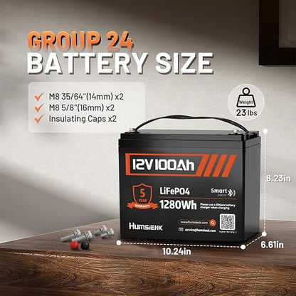 12V 100Ah LiFePO4 Lithium Battery Bluetooth - BCI Group 24 Deep Cycle Battery, Built-in 100A BMS & Low-Temp Protection, 15000+ Cycles, for RV/Marine/Trolling Motor/Off-Grid/Home Backup