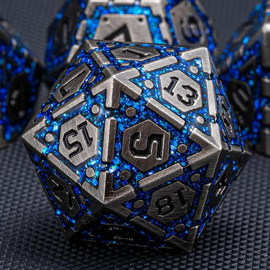 DND Metal Dice Set, Polyhedral Dice Set for RPG D&D Dice with Cracks Dungeons and Dragons Dice Set for RPG TTRPG D&D Die with Gift Case(Antique Nickel Blue)