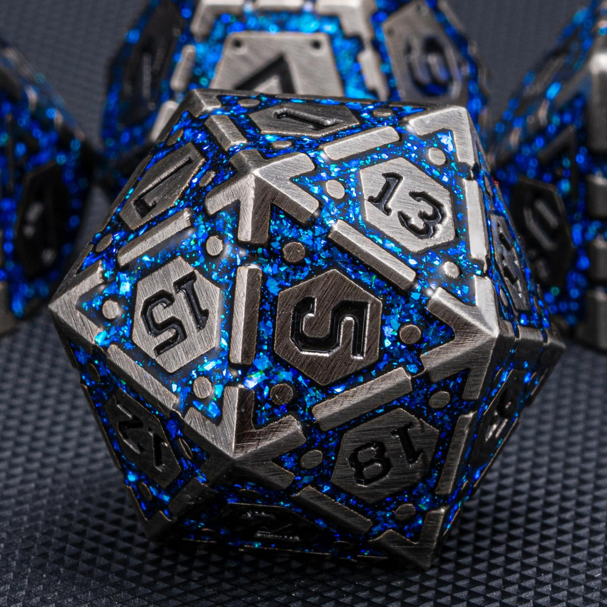 DND Metal Dice Set, Polyhedral Dice Set for RPG D&D Dice with Cracks Dungeons and Dragons Dice Set for RPG TTRPG D&D Die with Gift Case（Silver and Coloured Ink-1） for Ages 15 and Up