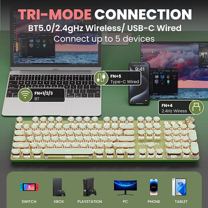 EWEADN V20 Typewriter Keyboard Wireless, 104 Keys Typewriter Style Mechanical with White Backlit, Media Knob, Pink Switch 2.4G/Bluetooth/USB-C Wired Retro Full Size Keyboard for Windows/Mac/PC-Green