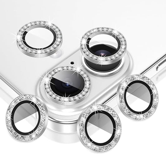 AGVEE 16/16 Plus 3+3 6 Pack for iPhone 13 6.1" / 13 Mini 5.4" Camera Lens Protector, Bling Diamond & Bling Glitter Metal Ring 9H Tempered HD Glass Camera Cover Film, Bling-Silver