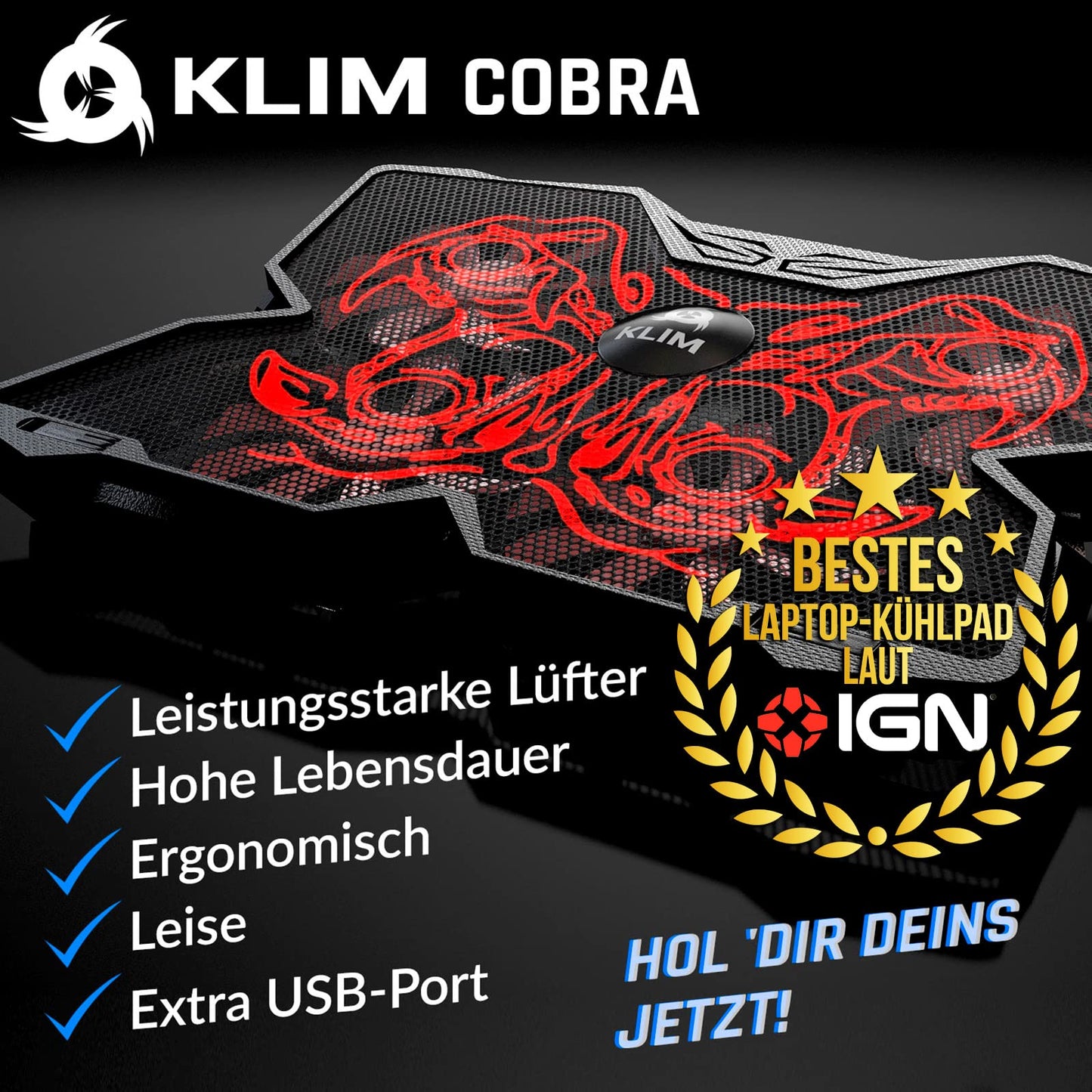 KLIM Wind Laptop Cooling Pad - More Than 500,000 Units Sold - New Version - Powerful Rapid Action Laptop Cooler - Laptop Stand with 4 Cooling Fans - 2 USB Ports - PC Mac PS5 PS4 Xbox One - Cobra Red
