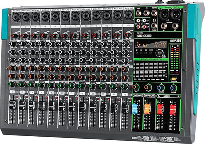Depusheng PA12 Professional Audio Mixer Sound Board Console Desk System Interface 12 Channel Digital USB Bluetooth MP3 Computer Input 48V Phantom Power Built-in 256 Reverb Effect, Black