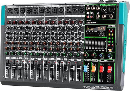 Depusheng PA12 Professional Audio Mixer Sound Board Console Desk System Interface 12 Channel Digital USB Bluetooth MP3 Computer Input 48V Phantom Power Built-in 256 Reverb Effect, Black