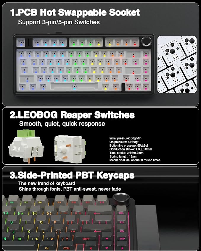 AULA F75 Pro Wireless Mechanical Keyboard,75% Hot Swappable Custom Keyboard with Knob,RGB Backlit,Pre-lubed Reaper Switches,Side Printed PBT Keycaps,2.4GHz/USB-C/BT5.0 Mechanical Gaming Keyboards