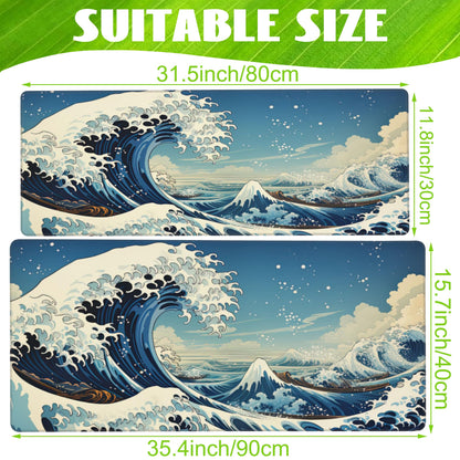Eflxamz Desk Mat,Blue Japanese Sea Wave Desk Pad,Japanese Sea Wave Large Gaming Mouse Pad for Desk,Extended Big Computer Keyboard Mouse Pad with Non-Slip Base and Stitched Edge,31.5"x11.8"
